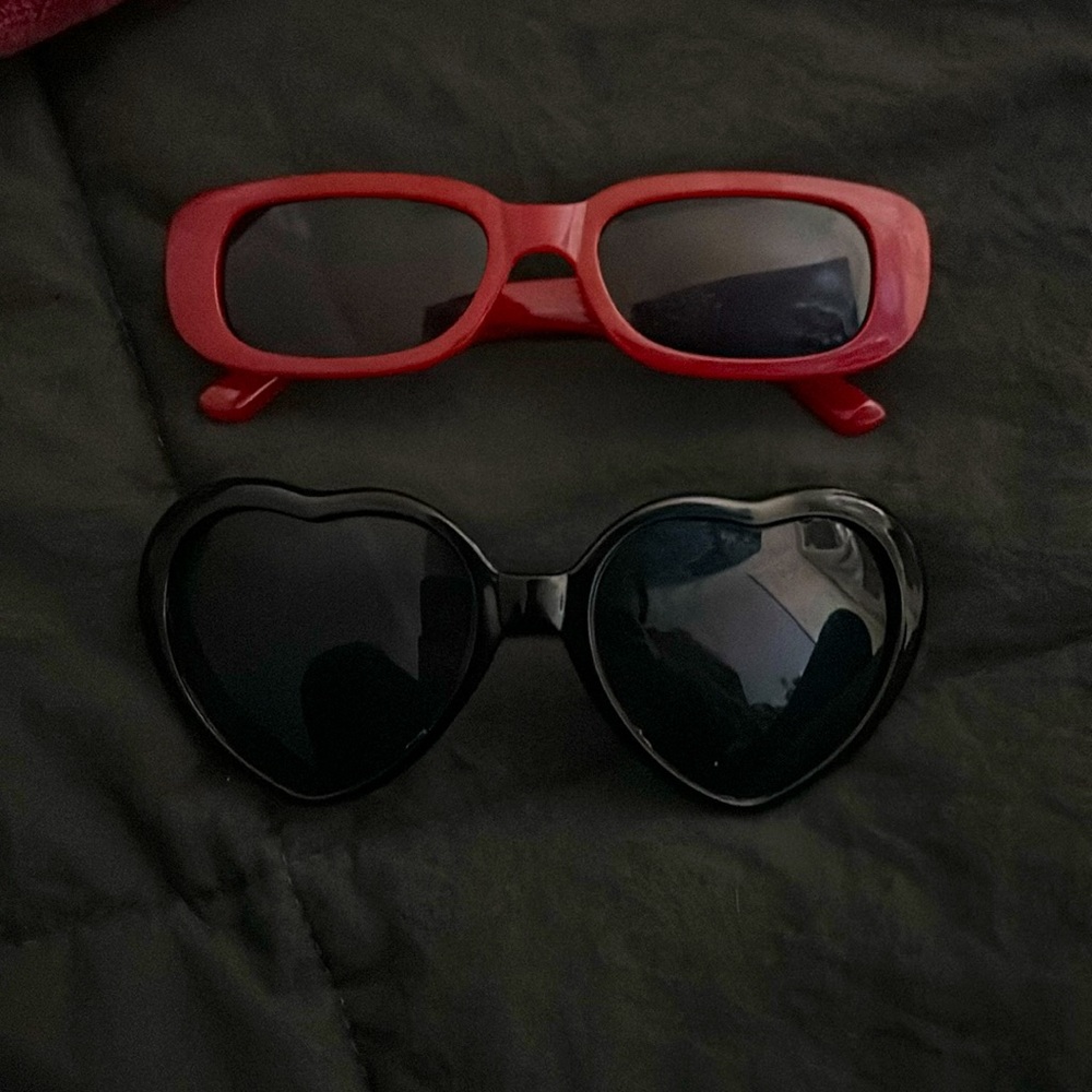 shein red rectangle sunglasses and black love heart sunglasses